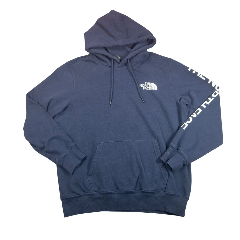 The North Face Mens Navy Blue Bear Graphic Logo Sleeve Pullover Hoodie Large